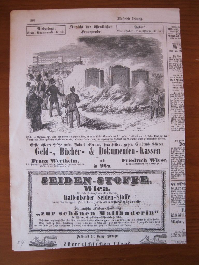 Demostración práctica de cajas de seguridad metálicas contra los incendios, 1854.